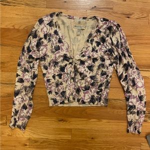 Cream and purple floral button down vneck sweater